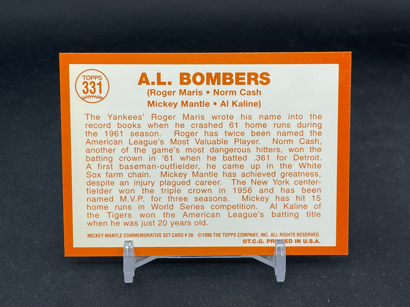 1996 TOPPS MICKEY MANTLE REPRINTS - A.L. BOMBERS - R. MARIS / N. CASH / M. MANTLE / A. KALINE -