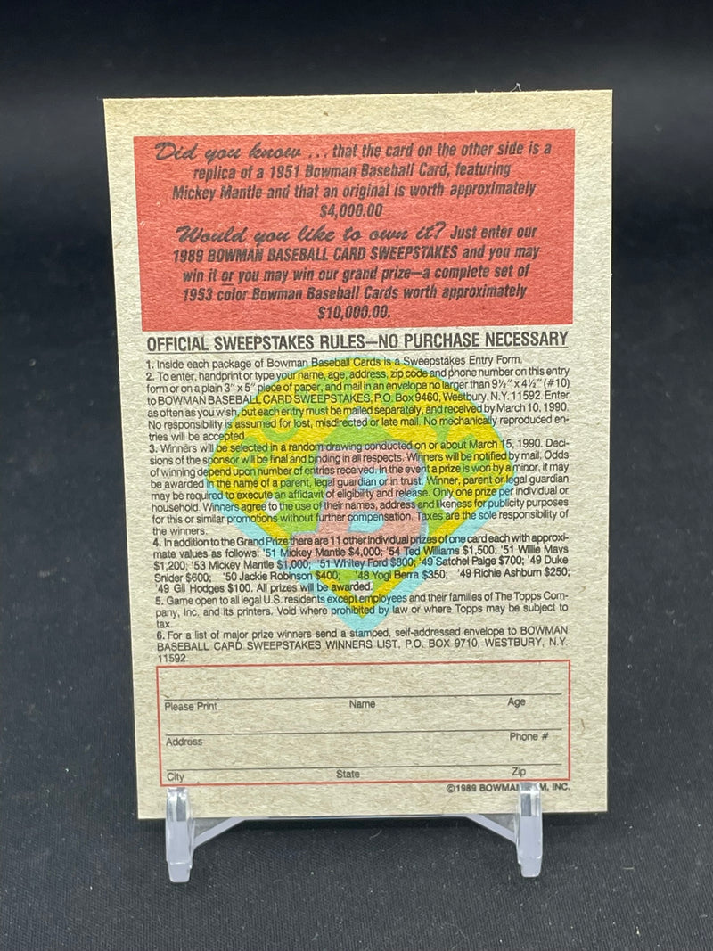1989 BOWMAN REPRINT - 1951 SWEEPSTAKES REPRINT - M. MANTLE