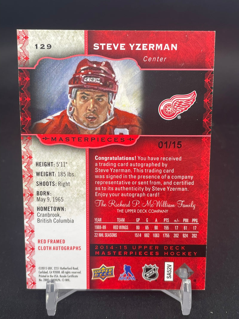 2015 UPPER DECK MASTERPIECES - RED FRAMED CLOTH - S. YZERMAN - #129 - #'D/15 - AUTOGRAPH