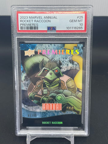 2023 UPPER DECK MARVEL ANNUAL - PREMIERES - ROCKET RACCOON - #25 - #'D/99 - PSA 10