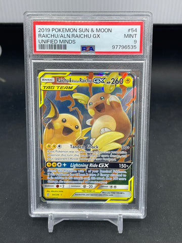 POKEMON - UNIFIED MINDS - RAICHU & ALOLAN RAICHU GX - #54 - PSA 9