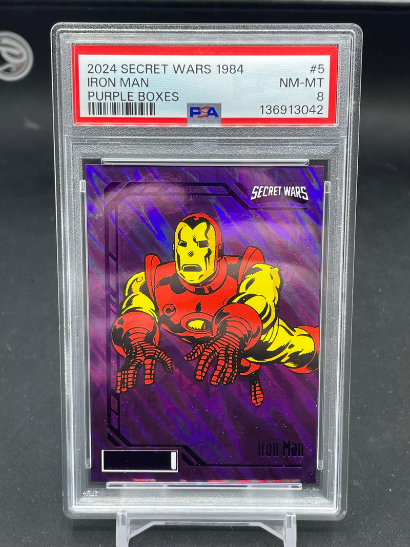 2024 UPPER DECK MARVEL SECRET WARS 1984 - PURPLE BOXES - IRON MAN - #5 - #'D/99 - PSA 8