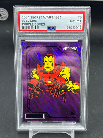 2024 UPPER DECK MARVEL SECRET WARS 1984 - PURPLE BOXES - IRON MAN - #5 - #'D/99 - PSA 8