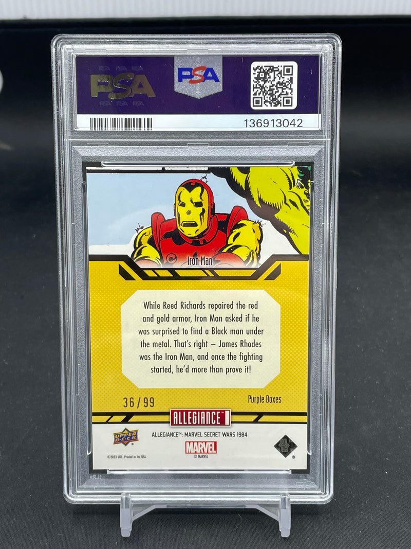 2024 UPPER DECK MARVEL SECRET WARS 1984 - PURPLE BOXES - IRON MAN - #5 - #'D/99 - PSA 8