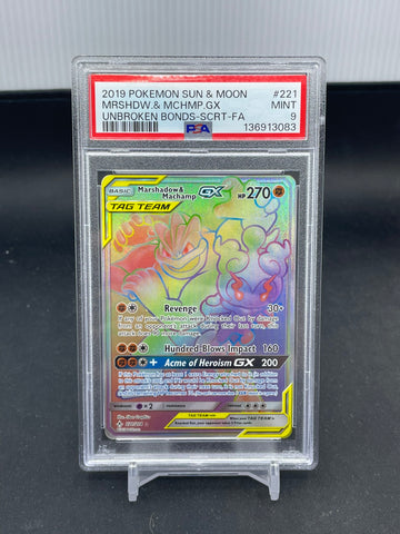 POKEMON - UNBROKEN BONDS - MARSHADOW & MACHAMP GX - RAINBOW - #221 - PSA 9