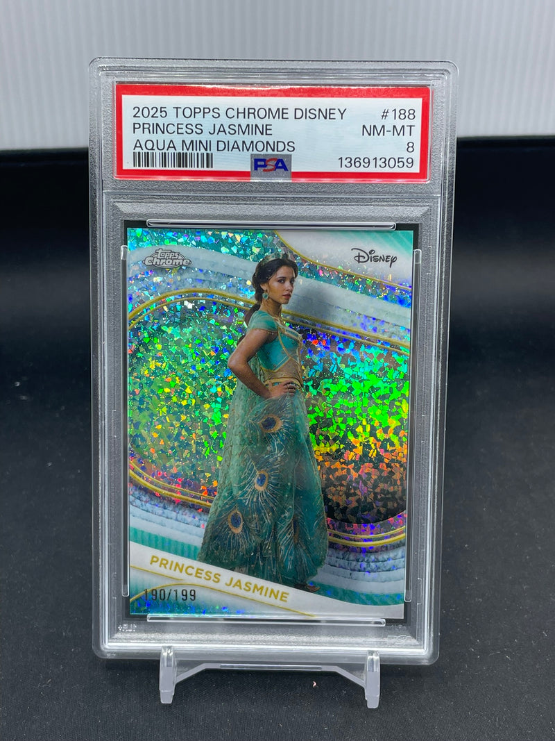 2025 TOPPS CHROME DISNEY - AQUA MINI DIAMONDS - PRINCESS JASMINE - #188 - #'D/199 - PSA 8