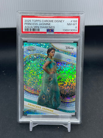 2025 TOPPS CHROME DISNEY - AQUA MINI DIAMONDS - PRINCESS JASMINE - #188 - #'D/199 - PSA 8