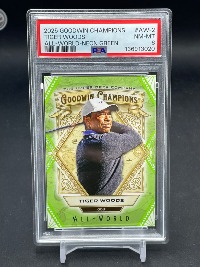 2025 UPPER DECK GOODWIN CHAMPIONS - NEON GREEN - ALL-WORLD - T. WOODS - #AW-2 - #'D/499 - PSA 8