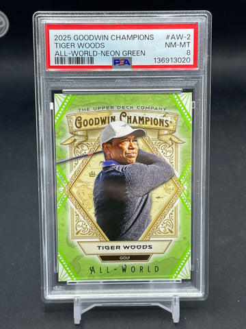 2025 UPPER DECK GOODWIN CHAMPIONS - NEON GREEN - ALL-WORLD - T. WOODS - #AW-2 - #'D/499 - PSA 8