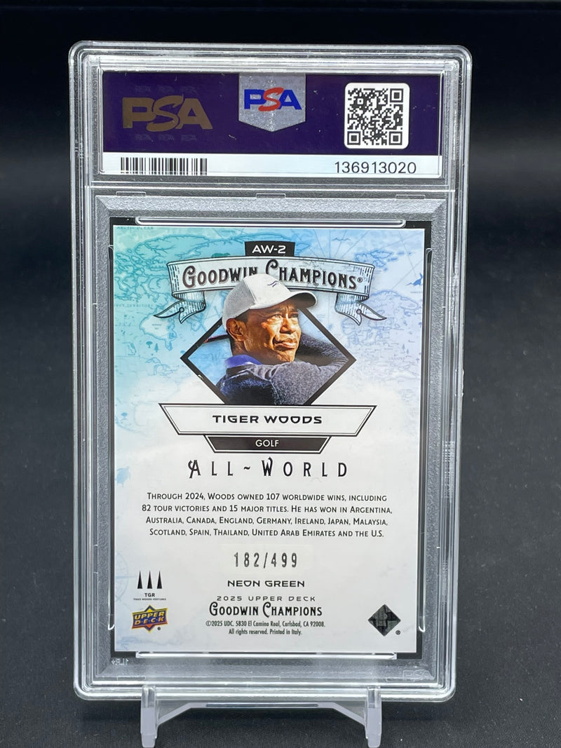 2025 UPPER DECK GOODWIN CHAMPIONS - NEON GREEN - ALL-WORLD - T. WOODS - #AW-2 - #'D/499 - PSA 8