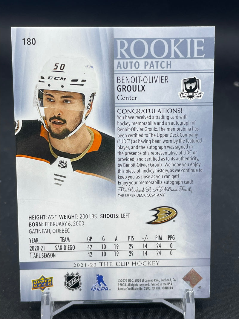 2021 UPPER DECK THE CUP - ROOKIE AUTO PATCH - B. GROULX - #180 - #'D/249 - RELIC - AUTOGRAPH - RC