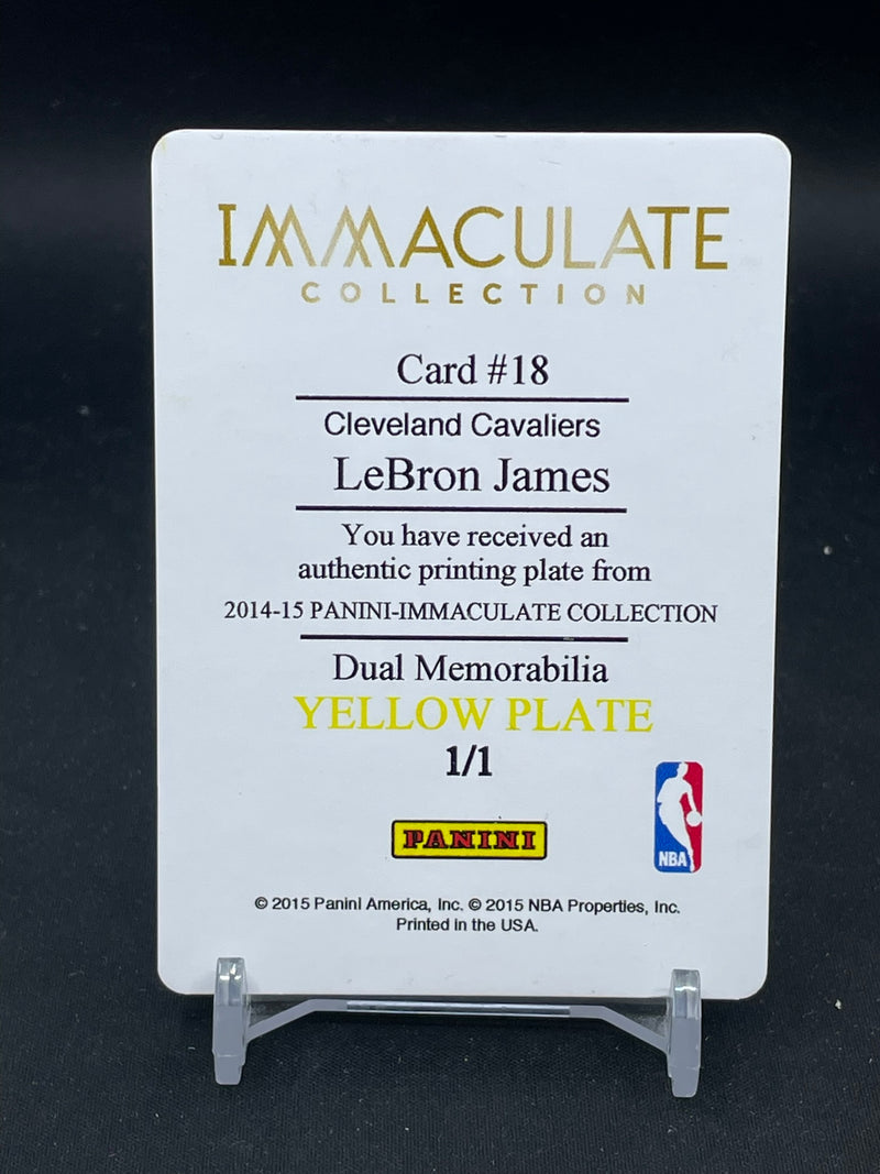 2014 PANINI IMMACULATE - DUAL MEMORABILIA PRINTING PLATE - YELLOW PLATE - L. JAMES - #18 - #'D/1