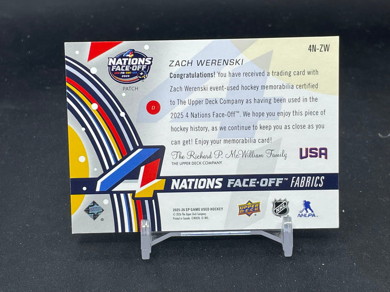 2025 UPPER DECK SP GAME USED - RED - 4 NATIONS FACE-OFF - Z. WERENSKI - #4N-ZW - #'D/15 - RELIC