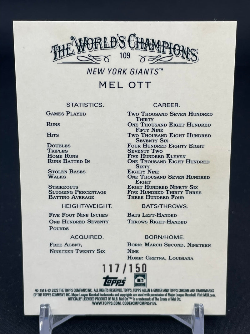 2022 TOPPS ALLEN & GINTER CHROME - BLUE REFRACTOR - M. OTT - #109 - #'D/150