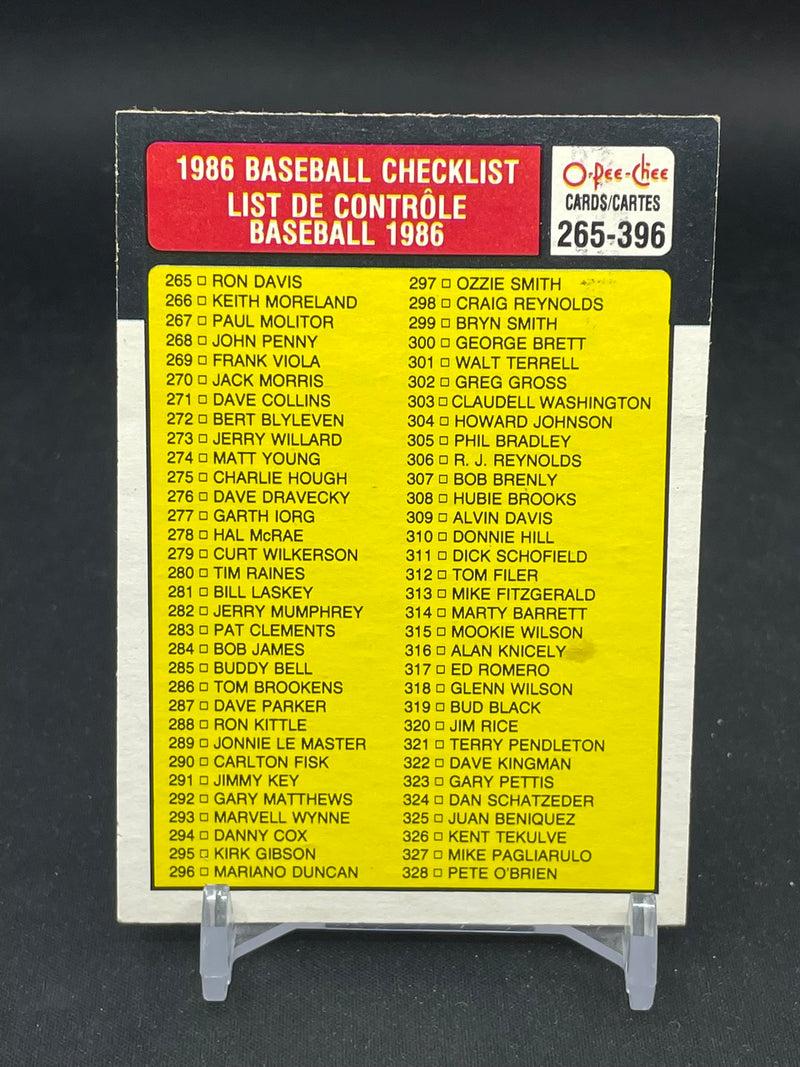 1986 O-PEE-CHEE - BASEBALL CHECKLIST -