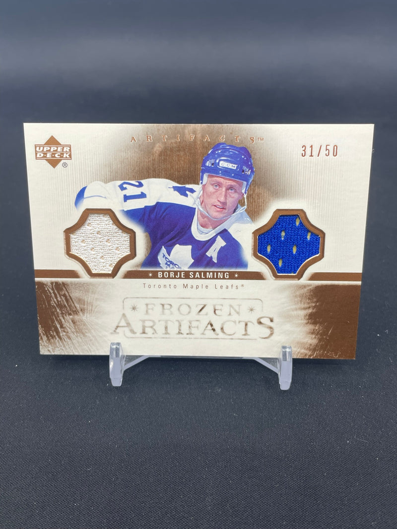2005 UPPER DECK ARTIFACTS - FROZEN ARTIFACTS - GOLD - B. SALMING - #FAD-BS - #'D/50 - DUAL RELIC