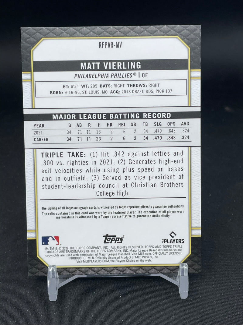 2022 TOPPS TRIPLE THREADS - EMERALD - M. VIERLING - #RFPAR-MV - #'D/50 - TRIPLE RELIC - AUTOGRAPH - RC