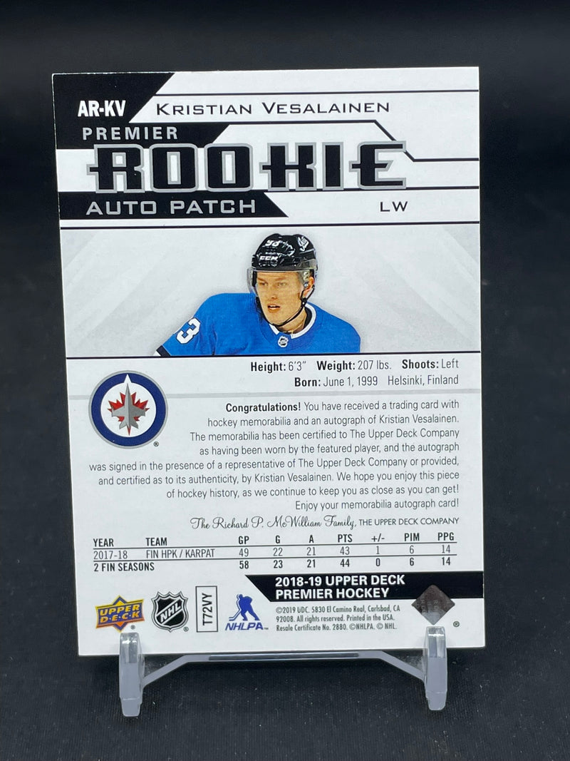 2018 UPPER DECK PREMIER - ROOKIE AUTO PATCH - K. VESALAINEN - #AR-KV - #'D/249 - RELIC - AUTOGRAPH - RC