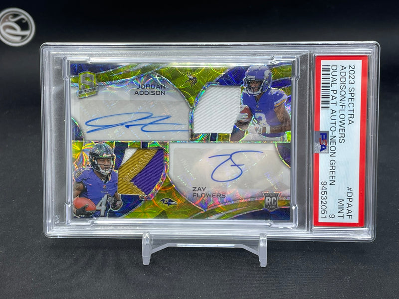 2023 PANINI SPECTRA - NEON GREEN - J. ADDISON / Z. FLOWERS - #DPAAF - #'D/35 - DUAL RELIC - DUAL AUTOGRAPH - PSA 9 - RC