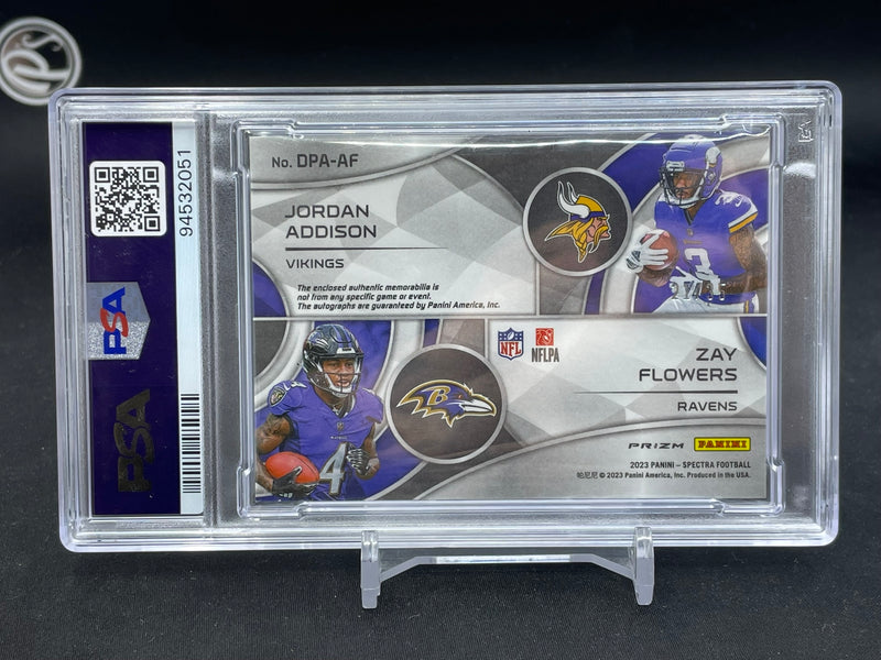 2023 PANINI SPECTRA - NEON GREEN - J. ADDISON / Z. FLOWERS - #DPAAF - #'D/35 - DUAL RELIC - DUAL AUTOGRAPH - PSA 9 - RC