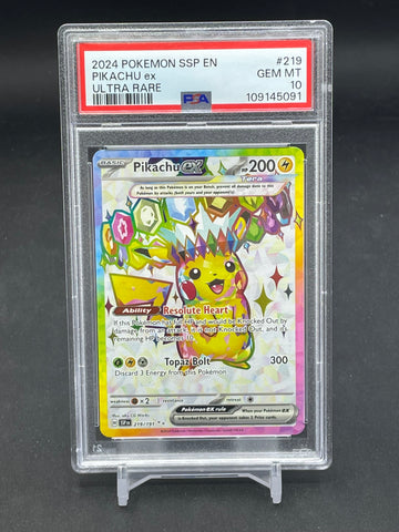 POKEMON - SURGING SPARKS - PIKACHU EX - FULL ART - #219 - PSA 10