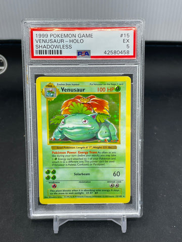 POKEMON - BASE SET SHADOWLESS - VENUSAUR - HOLO - #15 - PSA 5