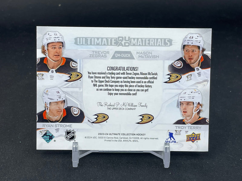 2023 UPPER DECK ULTIMATE - ULTIMATE QUAD MATERIALS - T. ZEGRAS / M. MCTAVISH / R. STROME / T. TERRY - #QM-DUCK - #'D/149 - 4X RELIC