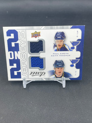 2008 UPPER DECK MVP - 2 ON 2 JERSEYS - P. KARIYA / K. TKACHUK / J. ARNOTT / S. WEBER - #J2-KTAW - QUAD RELIC