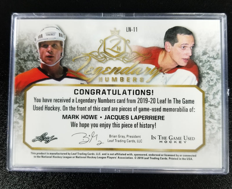 2019 LEAF IN THE GAME USED -  LEGENDARY NUMBERS - M. HOWE /J. LAPERRIERE - #LN-11- #'D/9 - DUAL JERSEYS