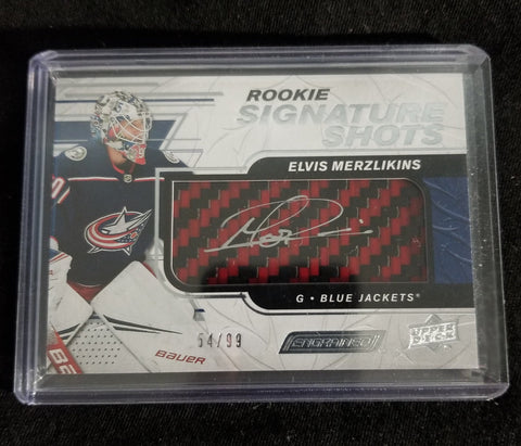 2019 UPPER DECK ENGRAINED - HOCKEY ROOKIE SIGNATURE SHOTS - E. MERZLIKINS - RSS-EM - #D'/99 - RELIC - AUTOGRAPH