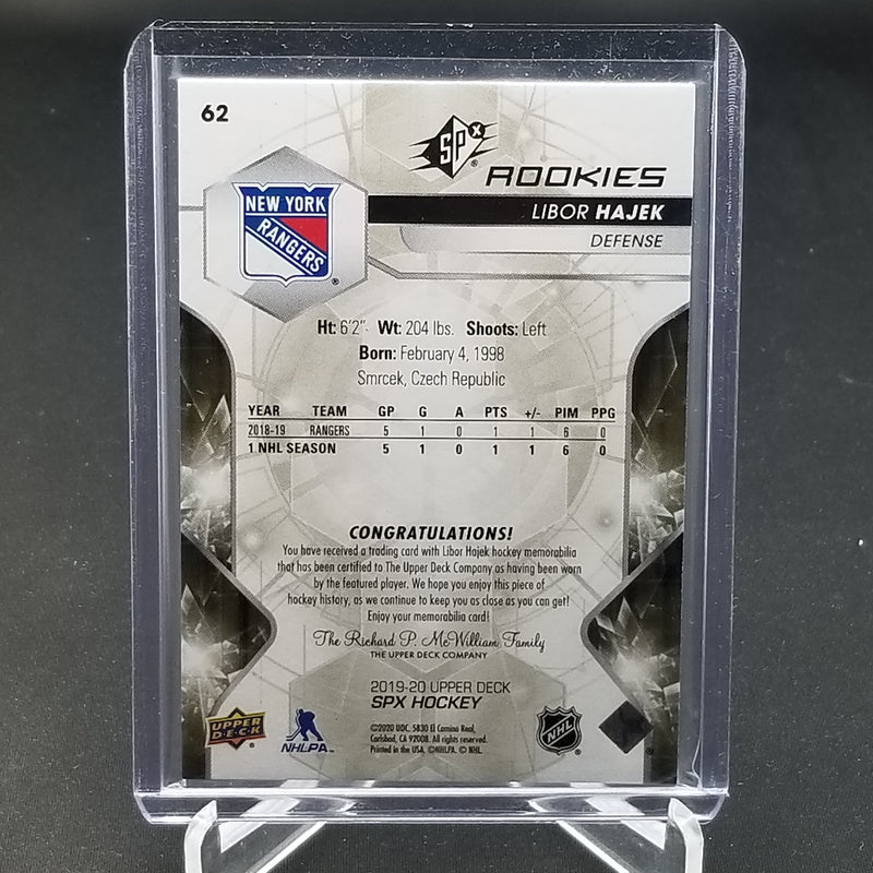 2019 UPPER DECK SPX - ROOKIES - L. HAJEK - #62 - #'D/399 - RELIC - RC
