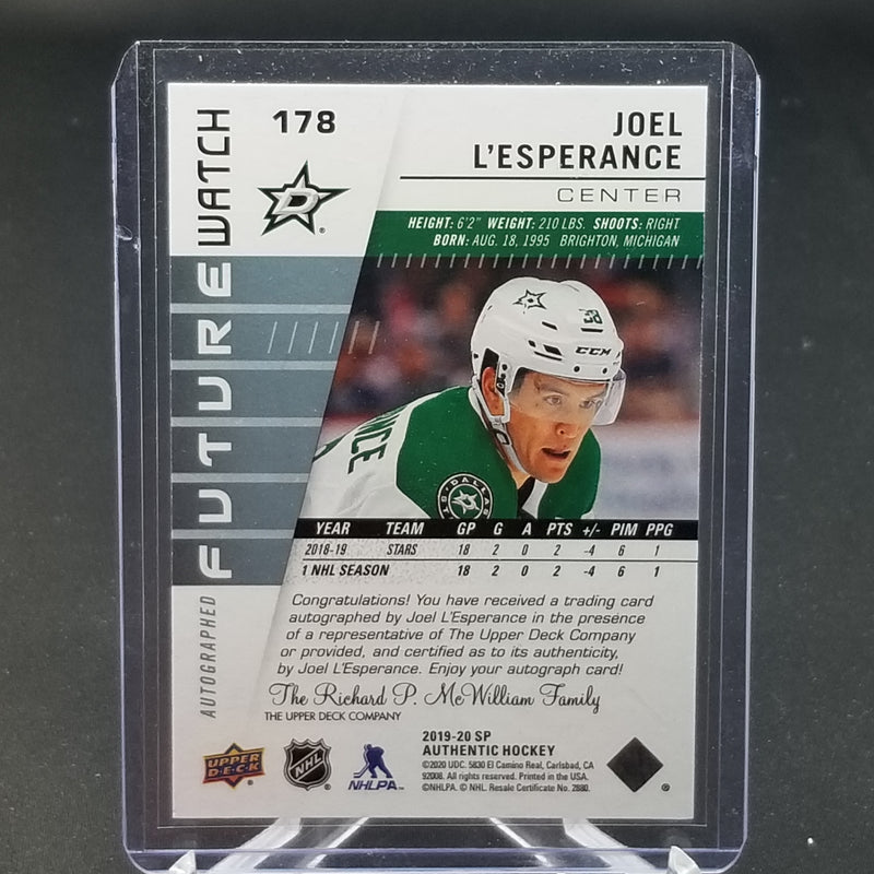2019 UPPER DECK SP AUTHENTIC - FUTURE WATCH - J. L'ESPERANCE - #178 - #'D/999 - AUTOGRAPH