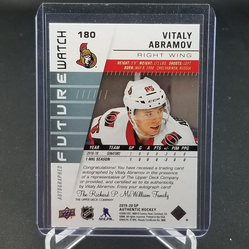 2019 UPPER DECK SP AUTHENTIC - FUTURE WATCH - V. ABRAMOV - #180 - #'D/999 - AUTOGRAPH - RC