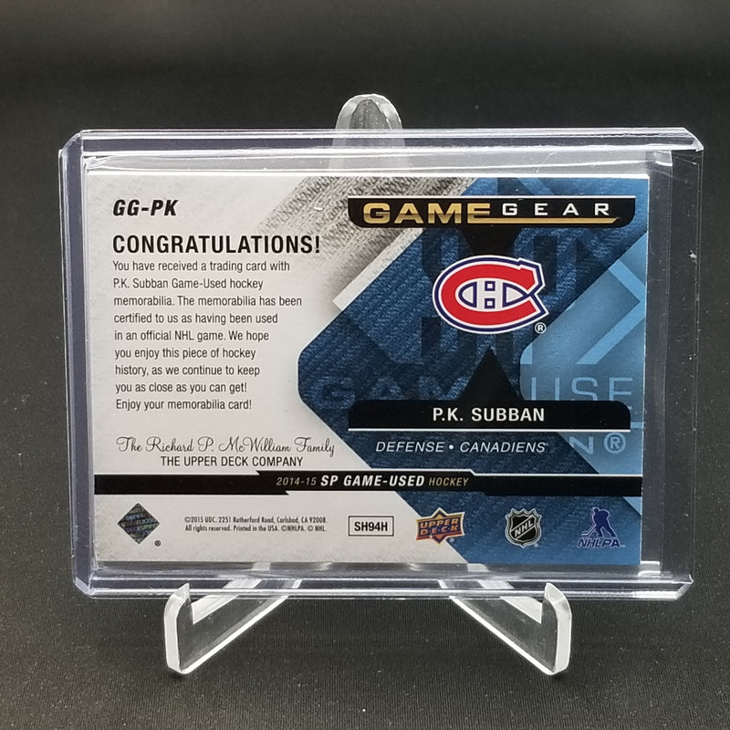 2014 UPPER DECK SP GAME USED - GAMEGEAR - P. SUBBAN - #GG-PK - #'D/3 - QUAD RELIC