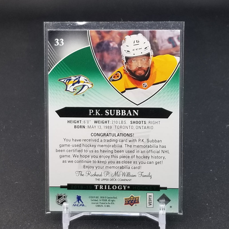 2018 UPPER DECK TRILOGY - P.K. SUBBAN - GREEN FOIL - #33 - #'D/377 - JERSEY