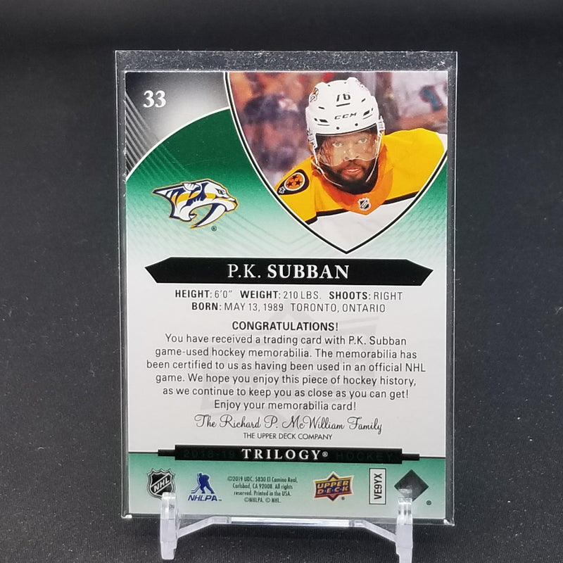 2018 UPPER DECK TRILOGY - P.K. SUBBAN - GREEN FOIL - #33 - #'D/377 - JERSEY