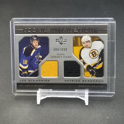 2005 TOPPS ROOKIE UPDATE - ROOKIE INSPIRATIONS - L. STEMPNIAK - P. BERGERON - #233 - #'D/999 - DUAL JERSEY