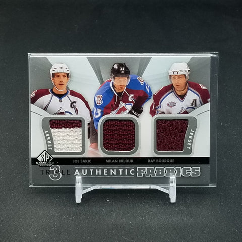 2012 UPPER DECK SP GAME-USED - TRIPLE AUTHENTIC FABRICS - J. SAKIC / M. HEJDUK / R. BOURQUE - #AF3-SHB - TRIPLE RELIC