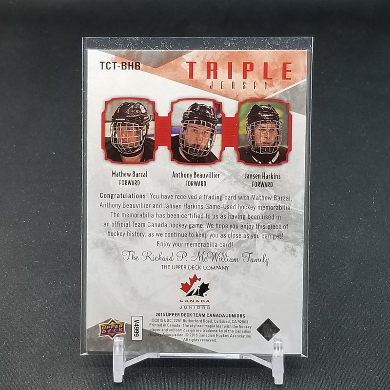 2015 UPPER DECK TEAM CANADA JUNIORS - TRIPLE JERSEY - J. HARKINS / A. BEAUVILLIER / M. BARZAL -