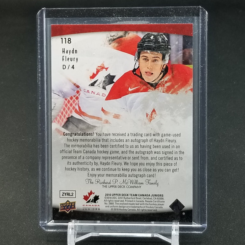 2016 UPPER DECK TEAM CANADA JUNIORS - H. FLEURY - #118 - #'D/199 - RELIC - AUTOGRAPH