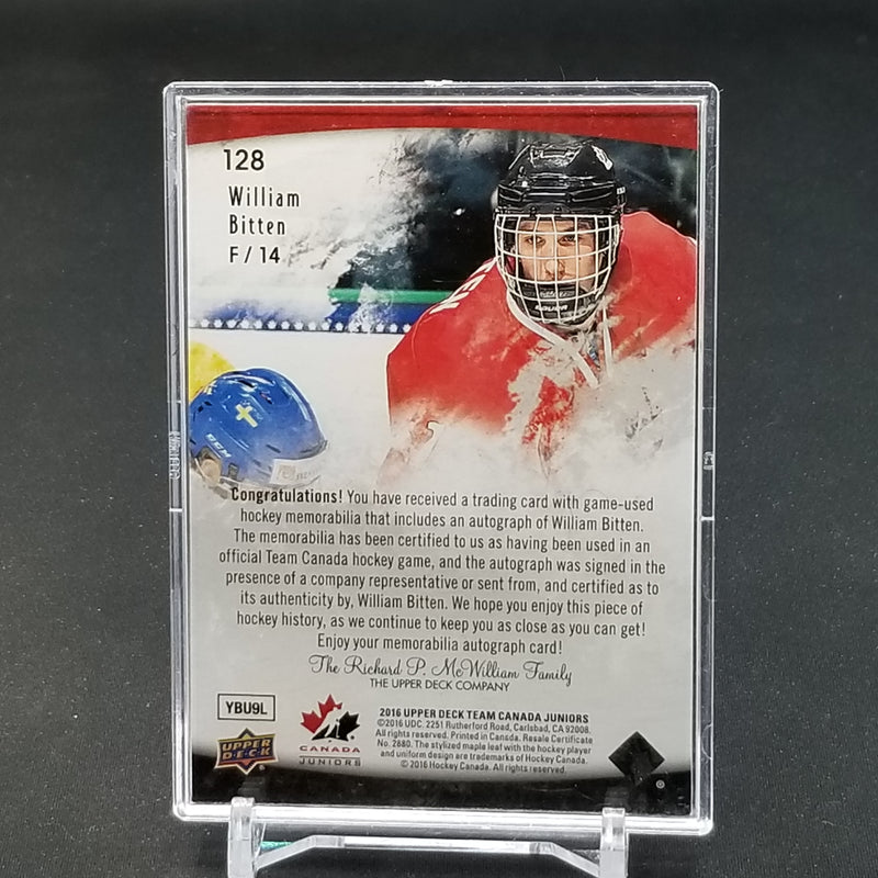 2016 UPPER DECK TEAM CANADA JUNIORS - W. BITTEN - #128 - #'D/199 - RELIC - AUTOGRAPH