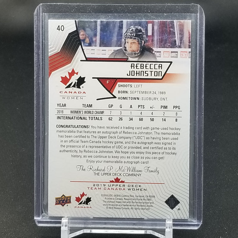 2019 UPPER DECK TEAM CANADA WOMEN - R. JOHNSTON - #40 - #'D/199 - RELIC - AUTOGRAPH