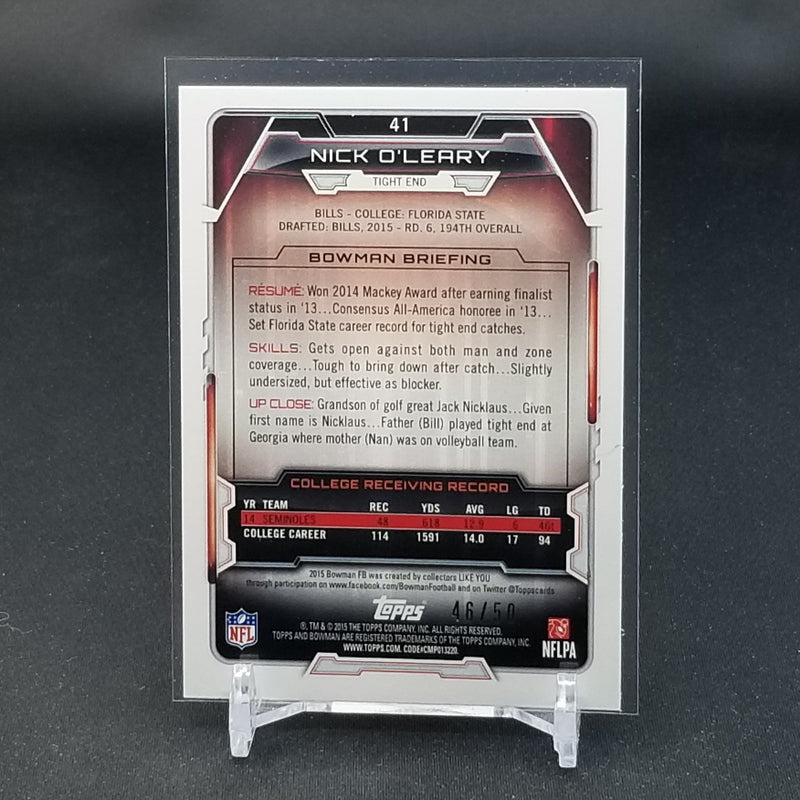 2015 TOPPS BOWMAN - ORANGE ICE - N. O'LEARY - #41 - #'D/50 - RC