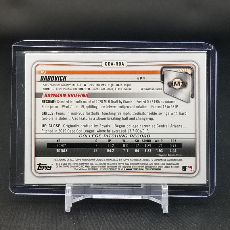 2020 TOPPS BOWMAN CHROME - 1ST BOWMAN - BLACK REFRACTOR - A. DABOVICH - #CDA-RDA - #'D/75 - AUTOGRAPH