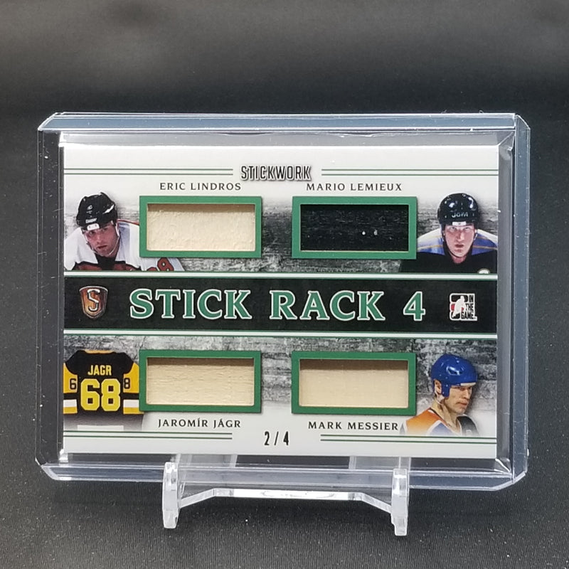 2017 LEAF IN THE GAME STICKWORK - STICK RACK 4 - E. LINDROS / M. LEMIEUX / J. JAGR / M. MESSIER - #SR-07 - #'D/4 - QUAD RELIC