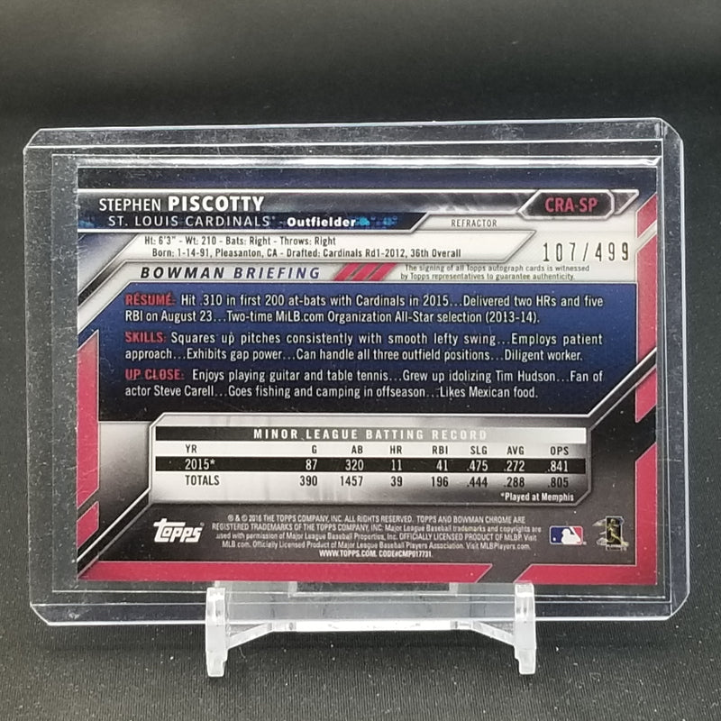 2016 TOPPS BOWMAN CHROME - REFRACTOR - S. PISCOTTY - #CRA-SP - #'D/499 - AUTOGRAPH - RC