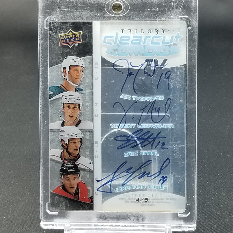 2008 UPPER DECK TRILOGY - CLEARCUT COMBOS - J. THORNTON / V. LECAVALIER / E. STAAL / J. TOEWS - #T4-LTST - #'D/5 - QUAD AUTOGRAPH