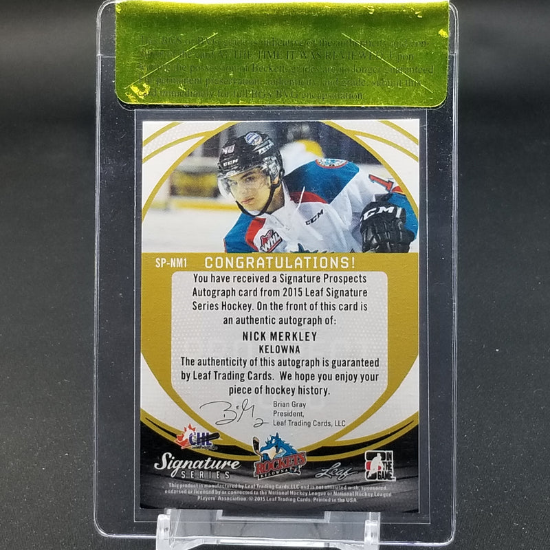 2015 LEAF SIGNATURE SERIES - PROSPECT AUTO - GOLD - N. MERKLEY - #SP-NM1 - #'D/1 - BGS RAW CARD 9.5 - AUTOGRAPH 10