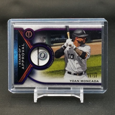 2021 TOPPS TRIBUTE - PURPLE - CERTIFIED STAMP OF APPROVAL - Y. MONCADA - #SOA-YM - #'D/50 - RELIC
