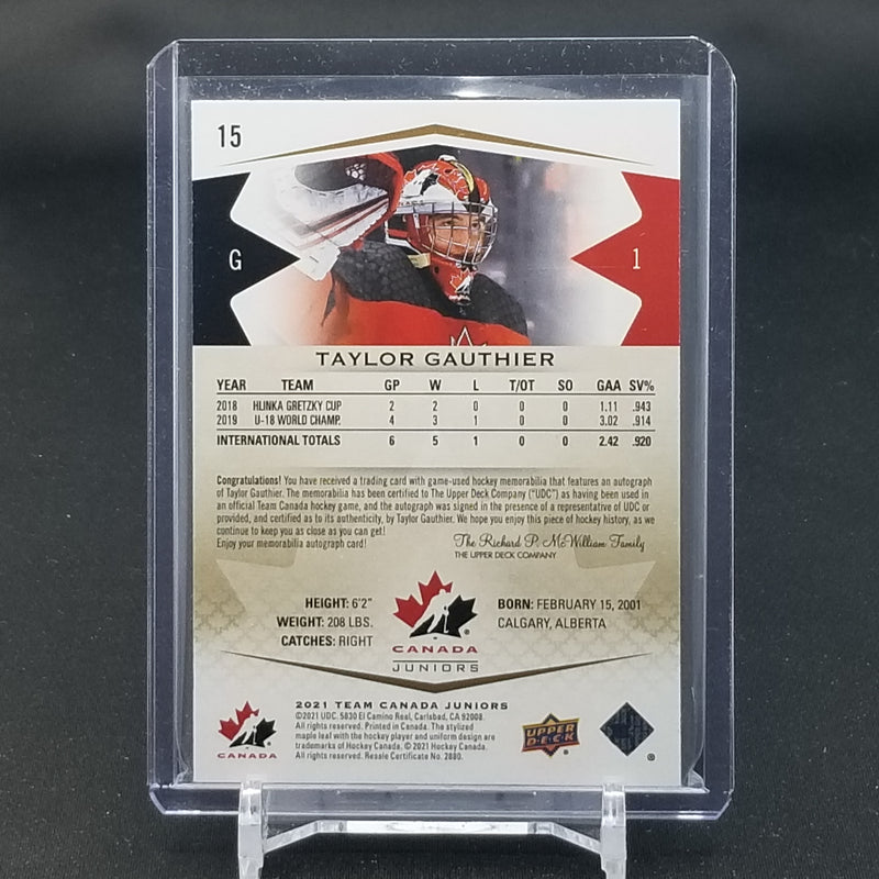 2021 UPPER DECK TEAM CANADA JUNIORS - PREMIUM AUTO - T. GAUTHIER - #15 - #'D/199 - RELIC - AUTOGRAPH